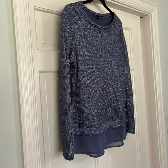 Metallic Blue Silver Knit Crewneck Sweater Medium Dressy Layered Hem - Picture 2 of 8